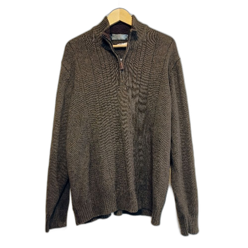 Oscar de la Renta Ribbed 1/4 Zip Sweater Olive Green Brown Sherpa Collar Men's